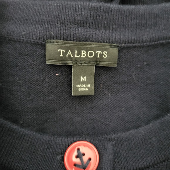 Talbots Nautical Anchor Cardigan Navy Ruffle Cotton Cashmere Sweater M Preppy - Picture 3 of 10